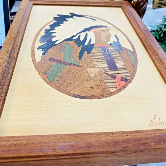 Wood Art Hudson River Inlay Wooden Marquetry Framed Indian Chief Signed Nelson - Picture 6 of 7